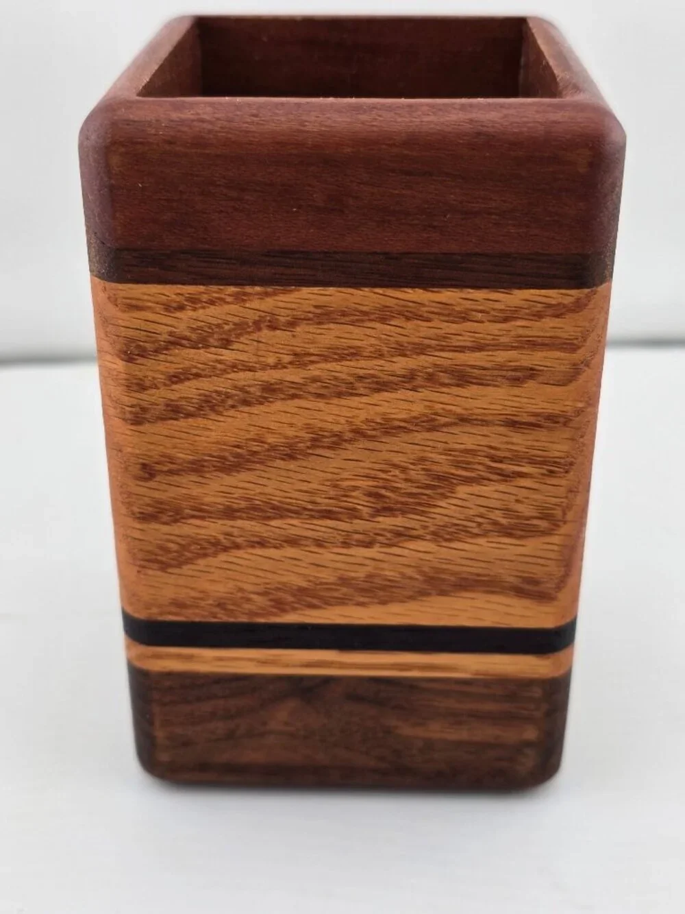 Vintage MCM Wooden Pencil Holder – Multi-Tone Mahogany & Oak – 4.5